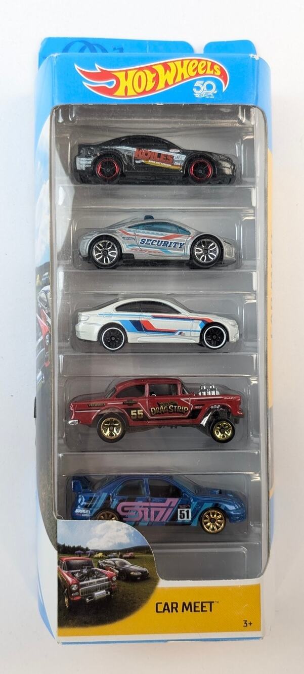 Hot Wheels Car Meet 5-Pack – Mustang Eclipse BMW Chevy Gasser Subaru WRX NIP